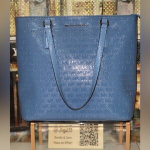 Michael Kors Morgan Medium Tote MK Logo Embossed French Blue  Patent Tote